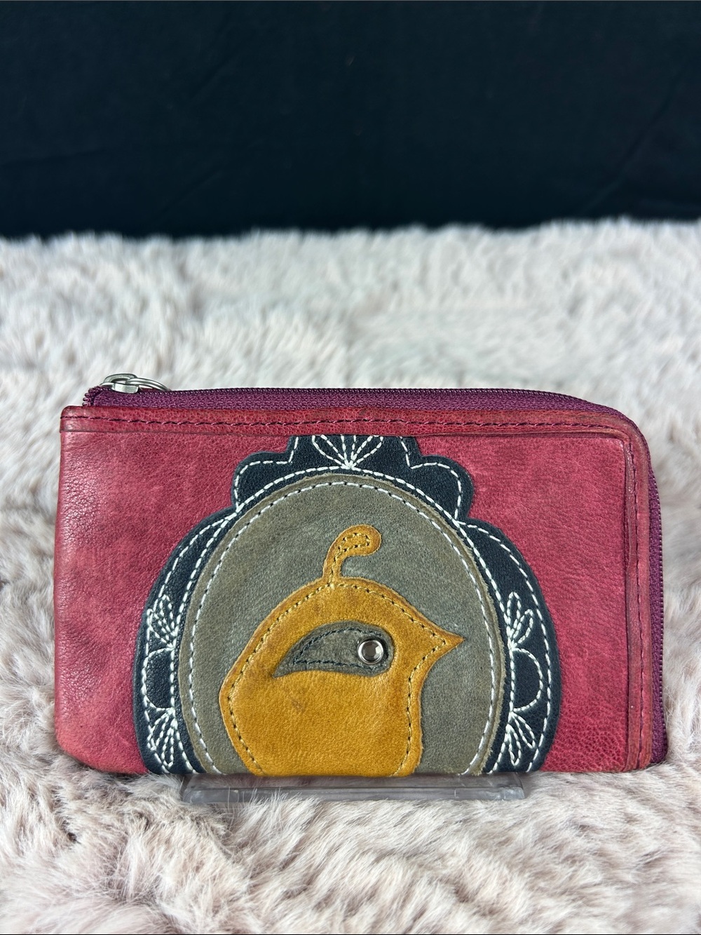 Fossil Vintage Key-Per Bird Appliqué Leather Zip Key Pouch Card Wallet EUC